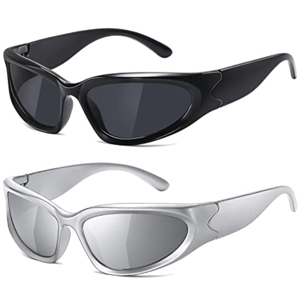 Y2K Wrap Around Sunglasses for Women Men Sliver Oval Fashion Trendy Sport Shades